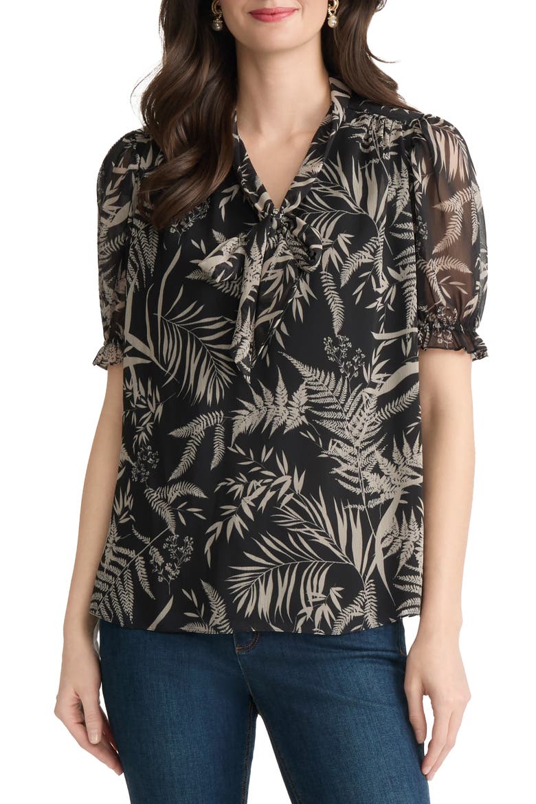 Tie Neck Puff Sleeve Top, Main, color, JONES BLACK/ JONES KHAKI