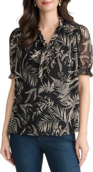 Jones New York Tie Neck Puff Sleeve Top
