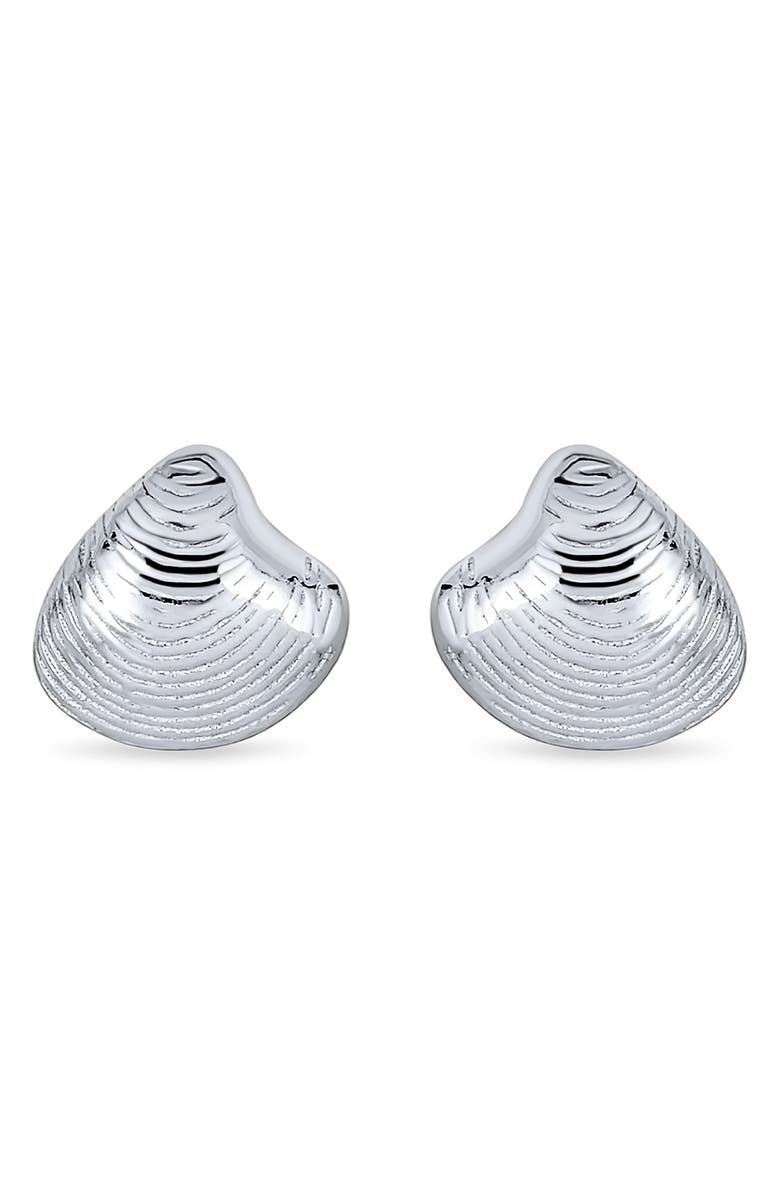 BLING JEWELRY Sterling Silver Nautical Beach Clamshell Stud Earrings, Main, color, Silver