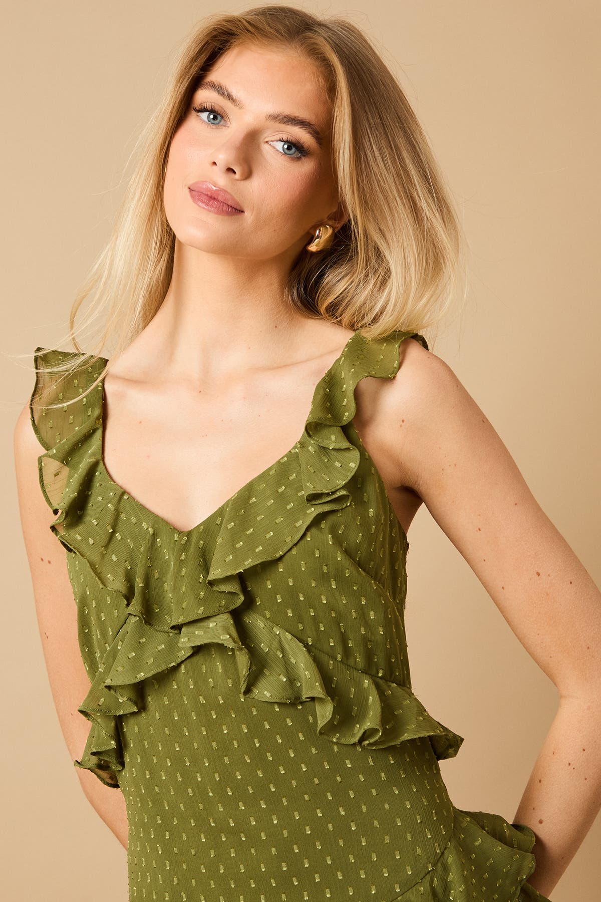 Dobby Ruffle V-Neck Tiered Midi Dress - image 2
