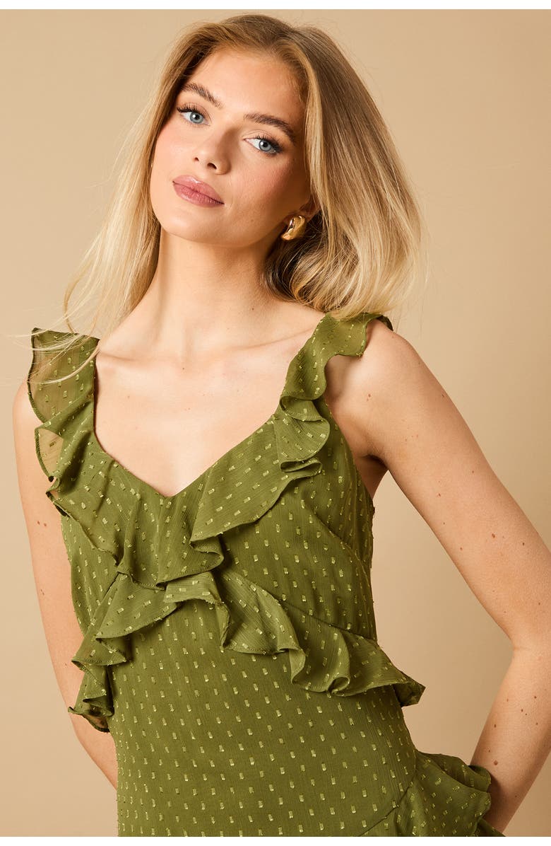 Oasis Dobby Ruffle V-Neck Tiered Midi Dress, Alternate, color, Khaki