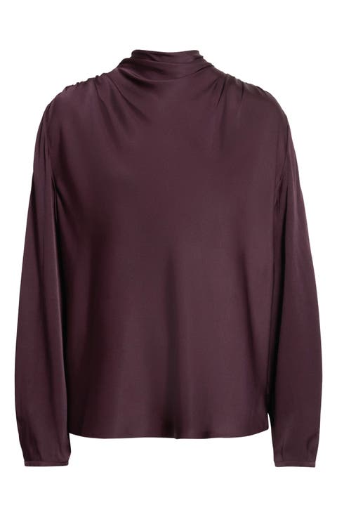 Drape Cowl Neck Long Sleeve Silk Blend Top