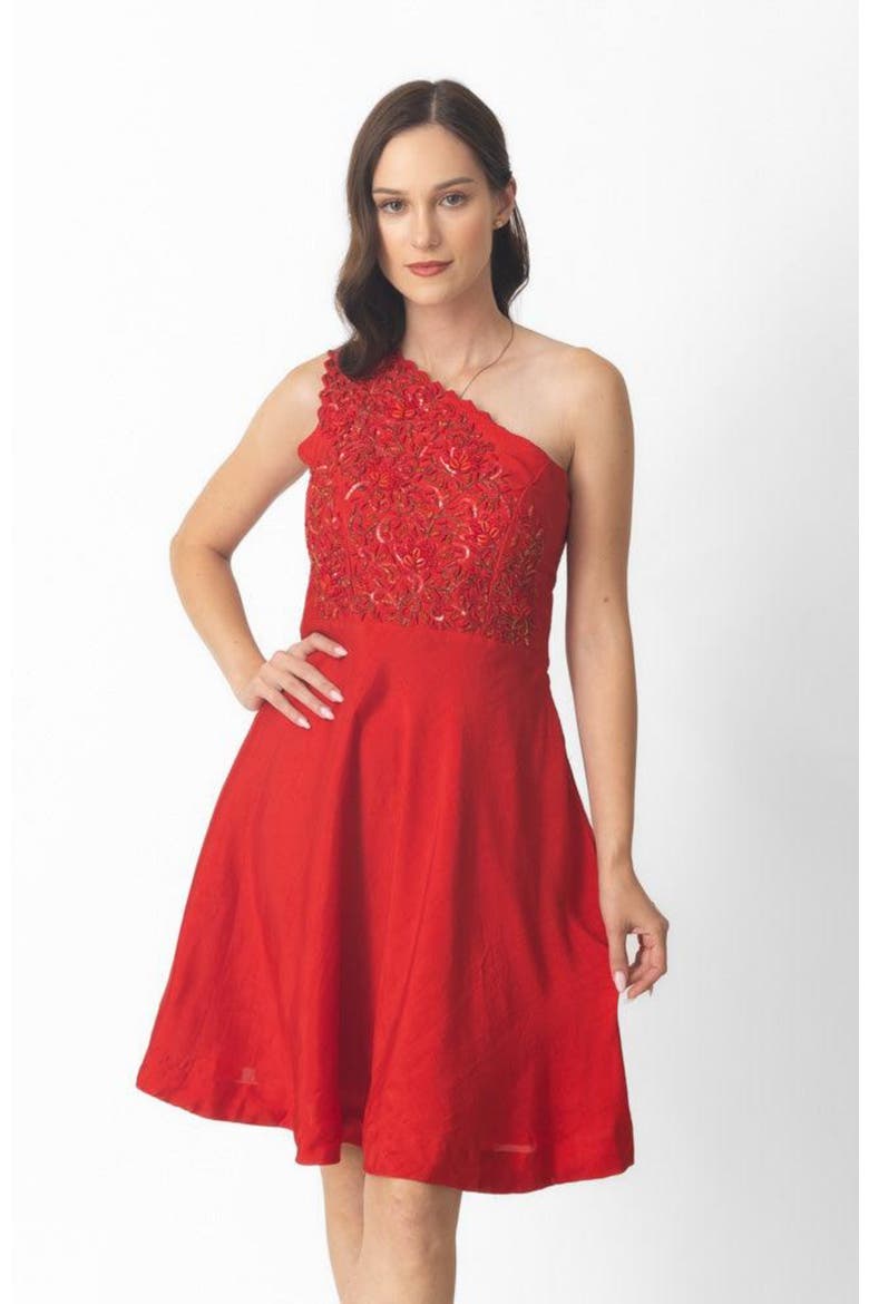 Aerin Raw Silk One-Shoulder Short Dress, Main, color, Red