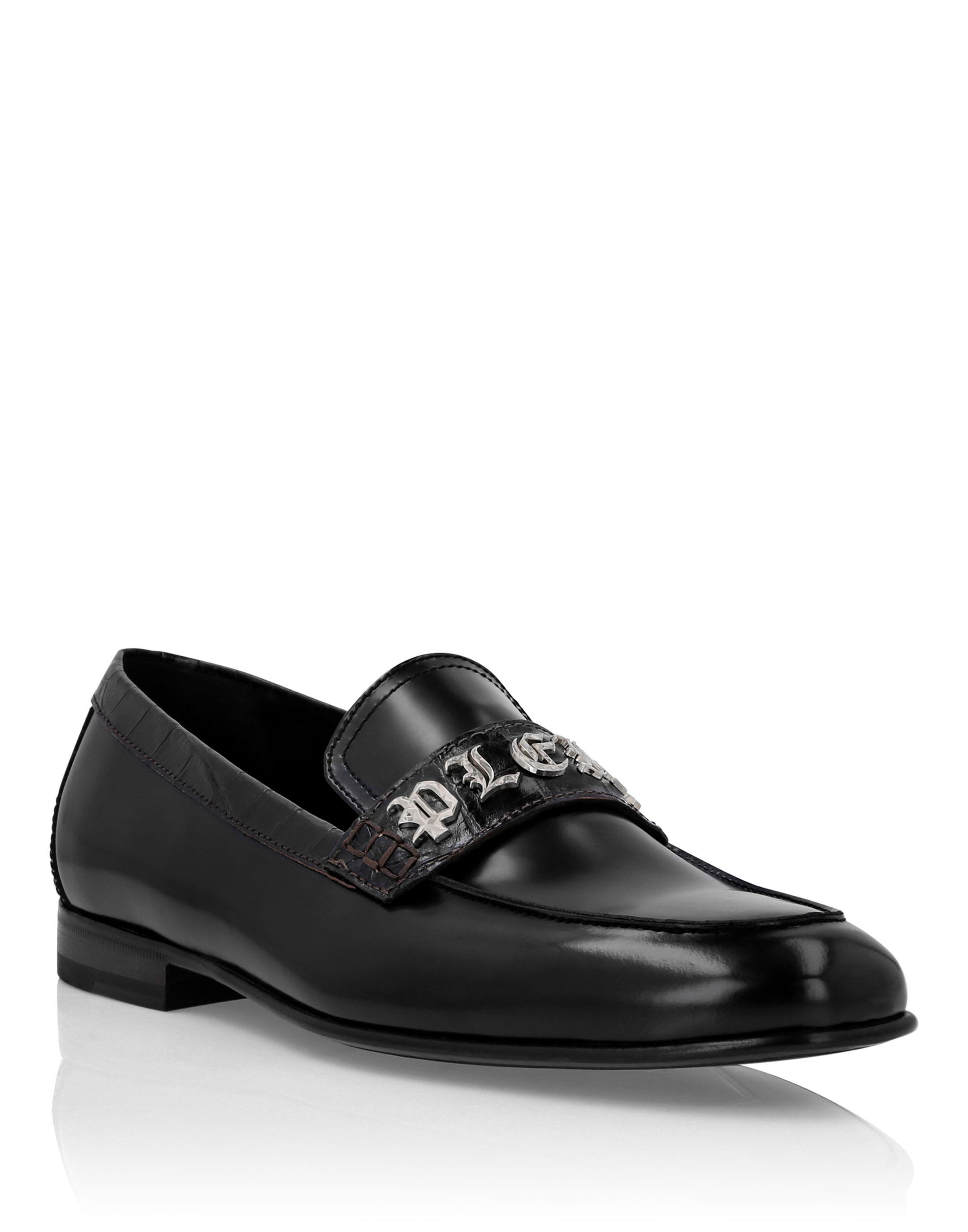 Croco Printed Leather Loafers Men, Main, color, black