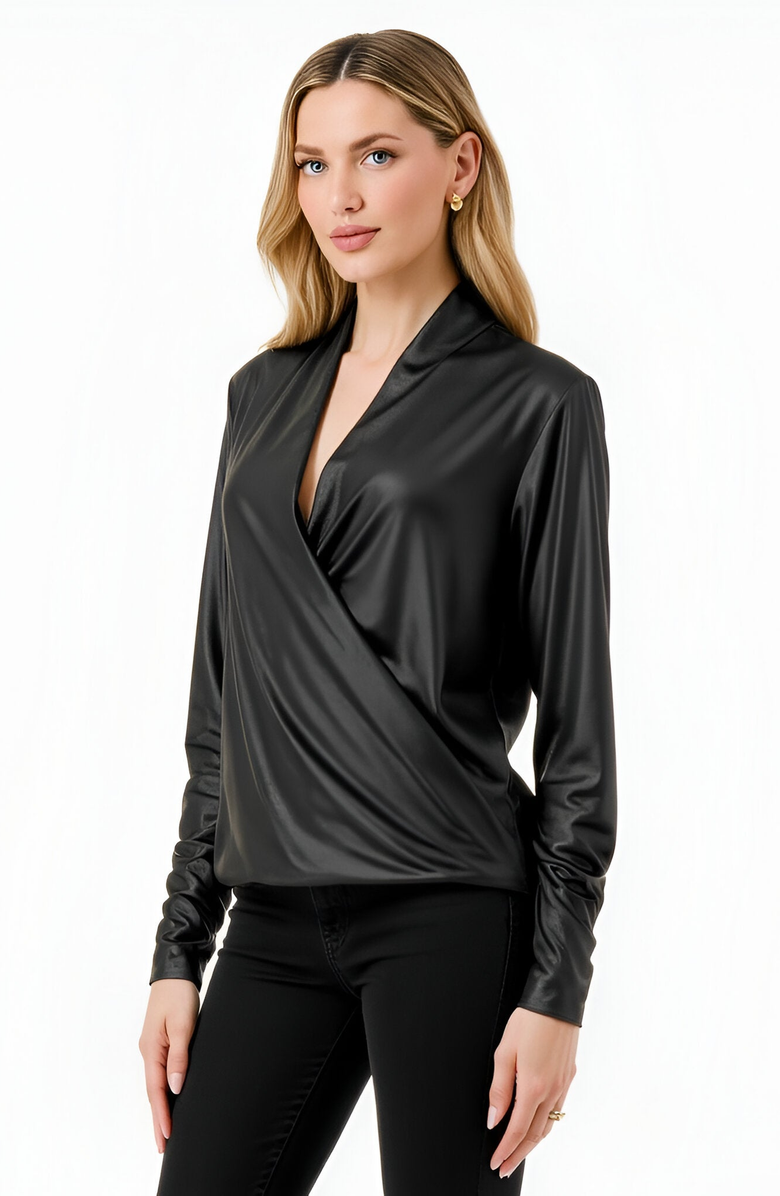Modenaire Draped Satin Long-Sleeve Surplice Deep V-Neckline Blouse, Alternate, color, 