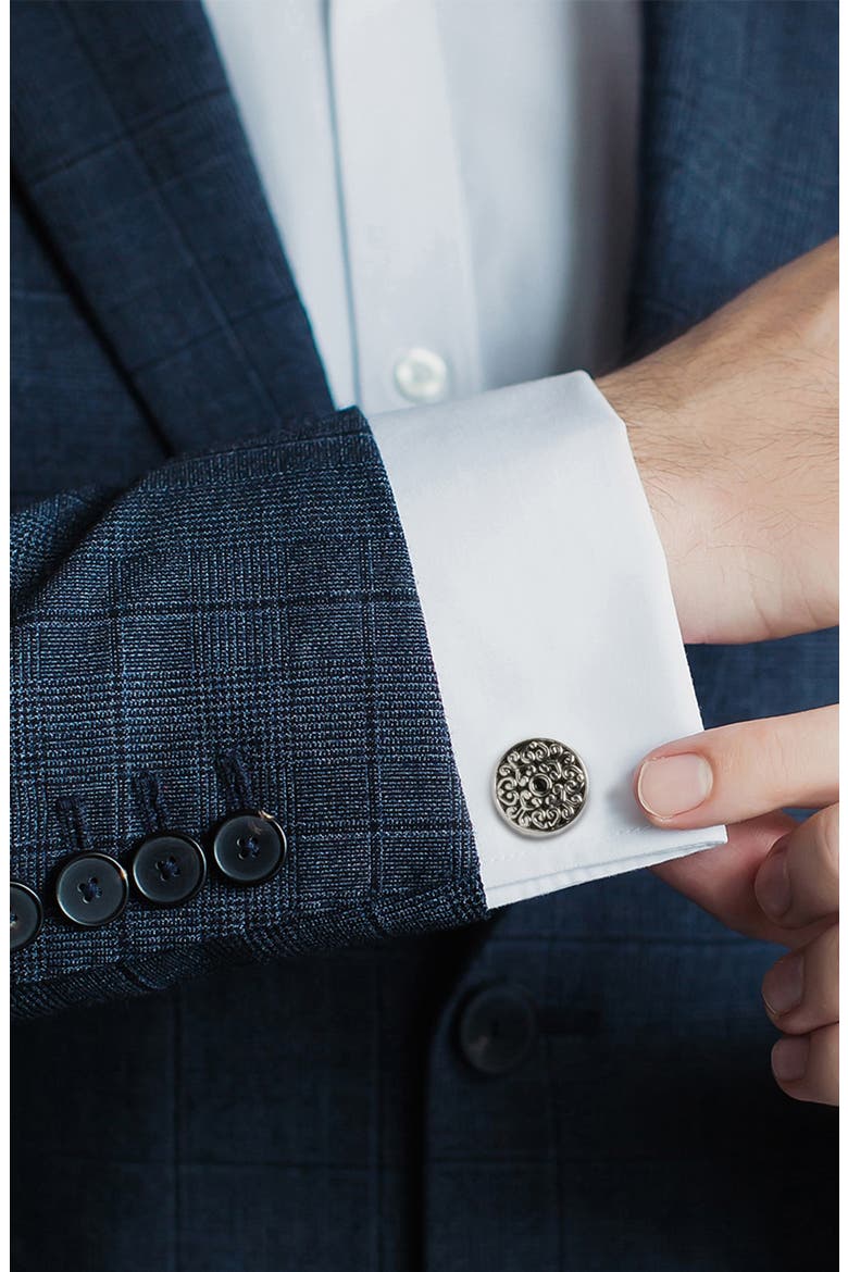 Filigree Round Cuff Links, Alternate, color, BLACK