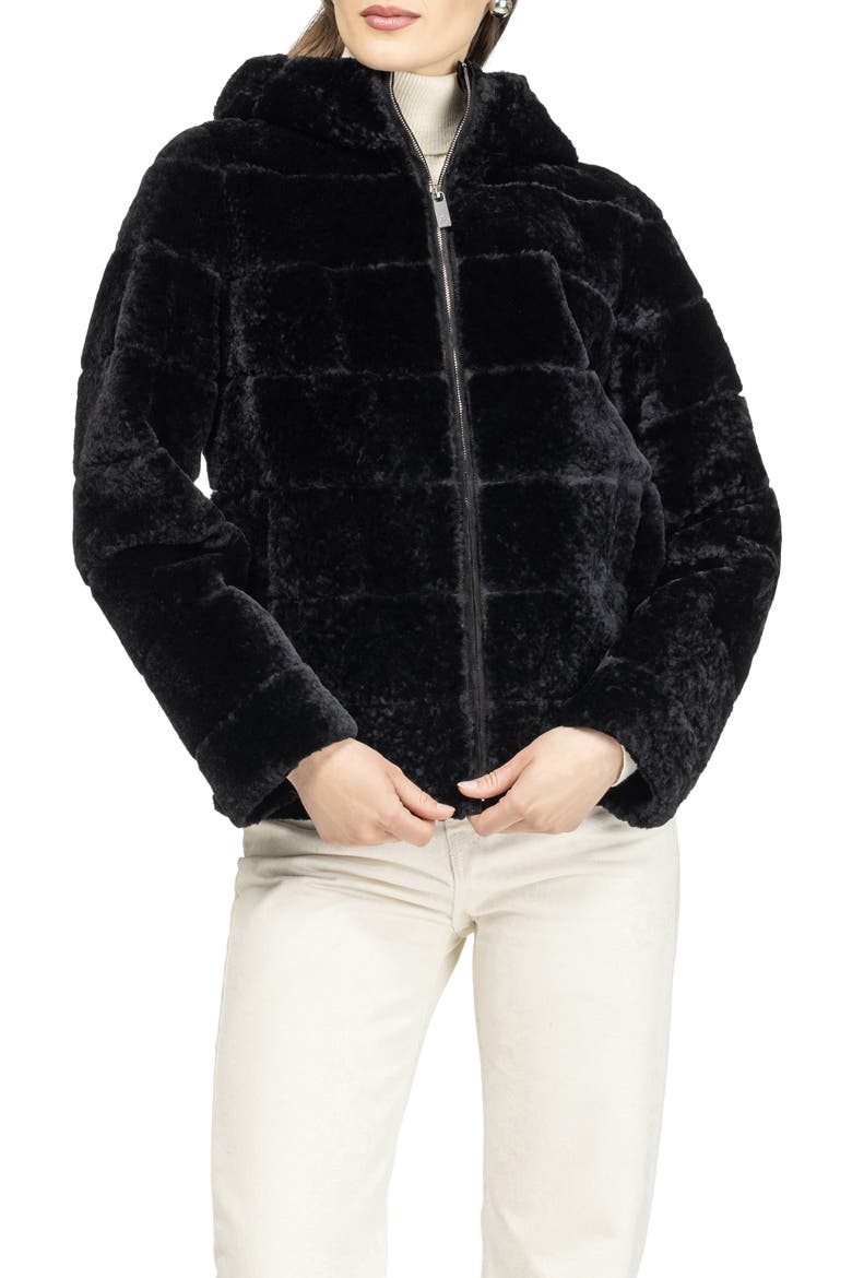 Horizontal Genuine Shearling Zip Jacket with Hood, Main, color, BLACK