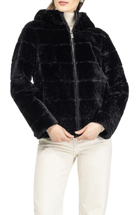 Horizontal Genuine Shearling Zip Jacket with Hood