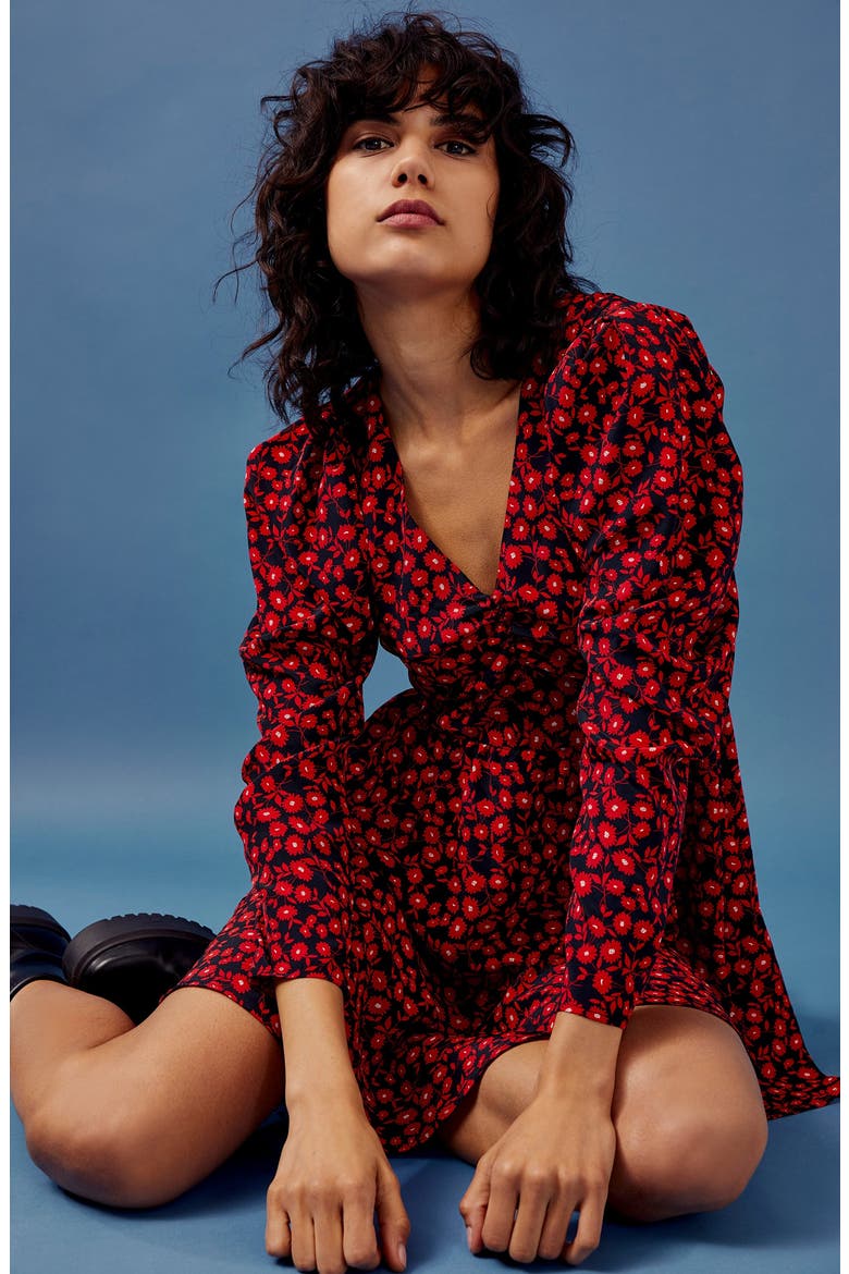 Floral V-Neck Long Sleeve Minidress, Alternate, color, RED MULTI