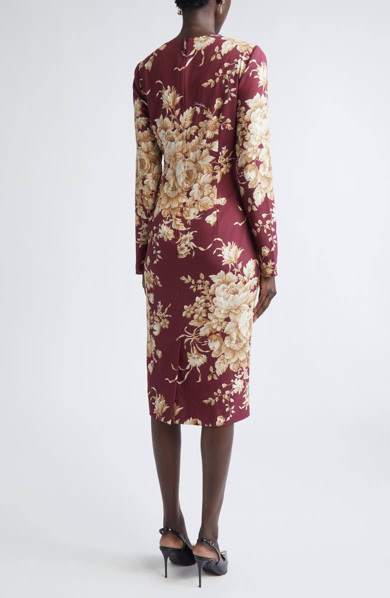 Dolce&Gabbana Rose Print Long Sleeve Stretch Silk Charmeuse Sheath Dress, Alternate, color, Rose