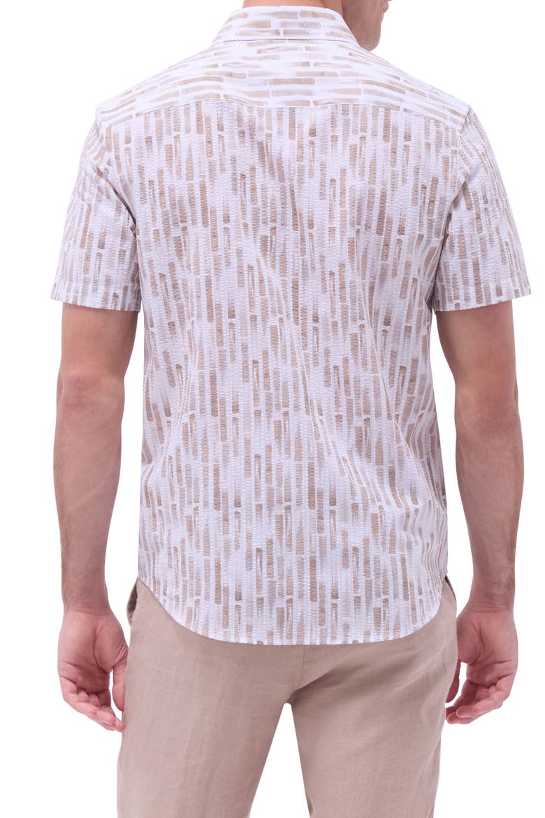 Orson Trim Fit Stripe Short Sleeve Stretch Cotton Seersucker Button-Up Shirt, Alternate, color, CAMEL