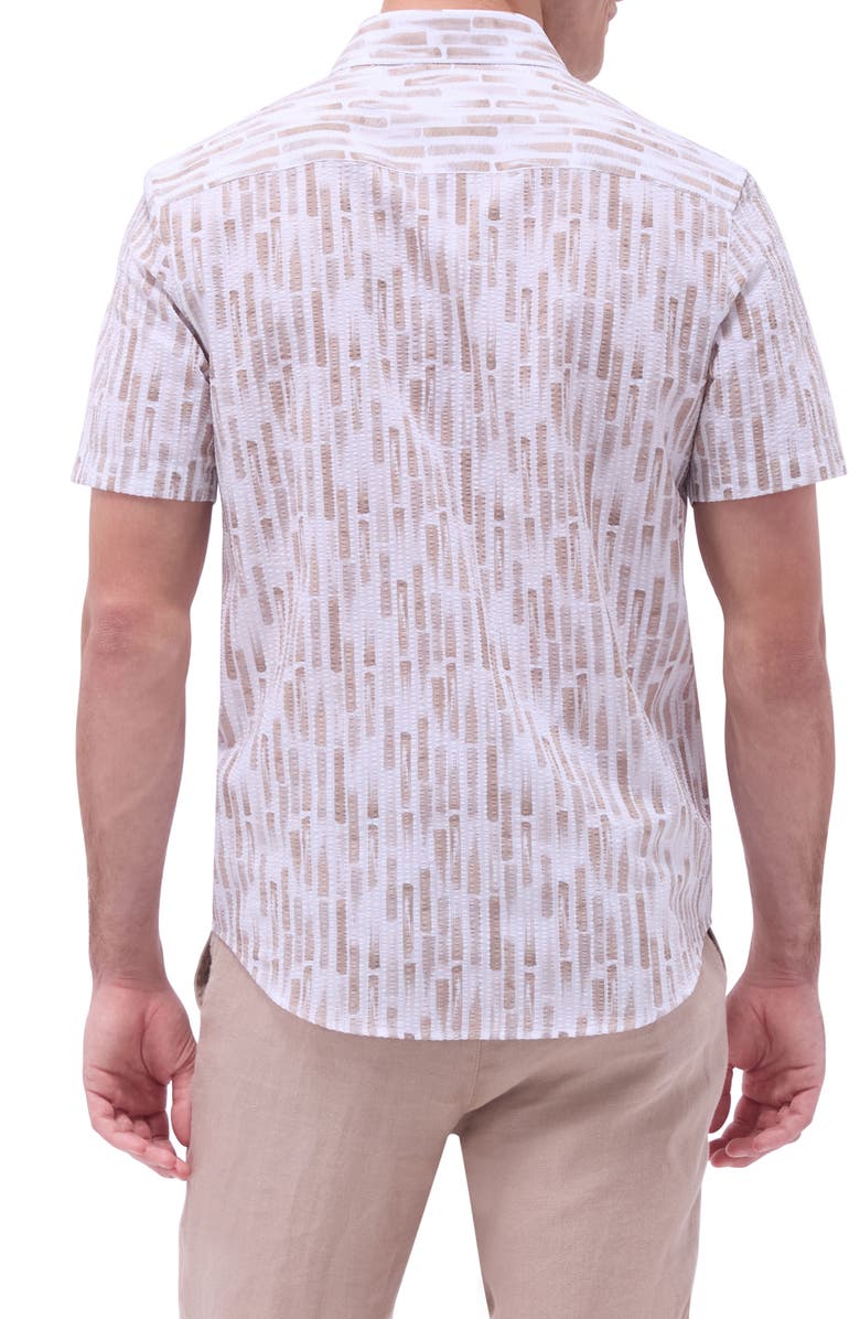 Bugatchi Orson Trim Fit Stripe Short Sleeve Stretch Cotton Seersucker Button-Up Shirt, Alternate, color, Camel