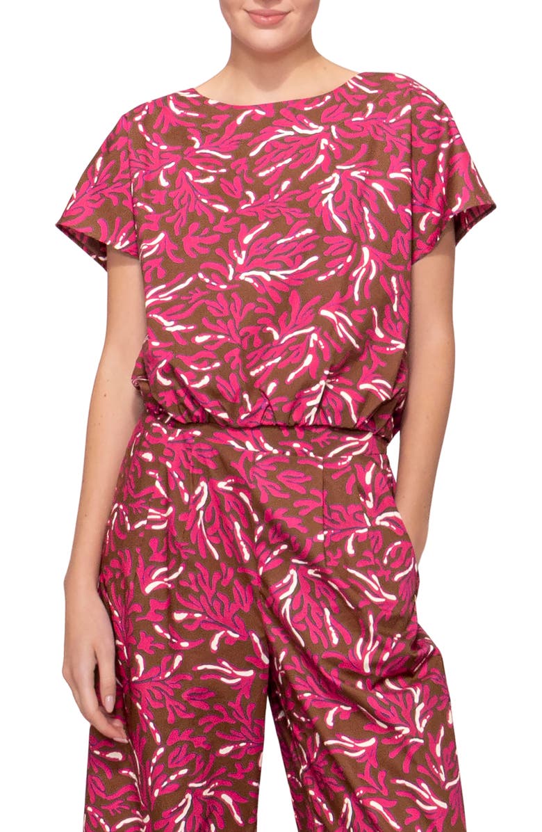 MELLODAY Poplin Banded Hem Top, Main, color, Brown Magenta Reef