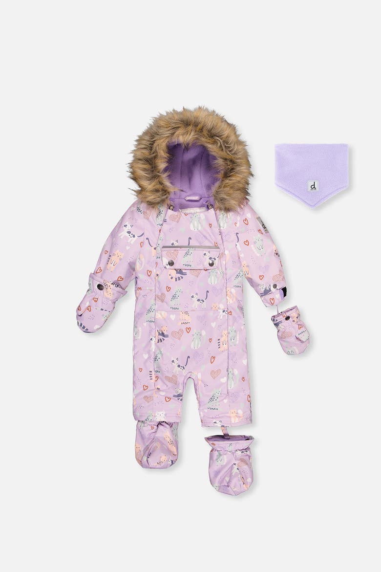 Play Cat Faux Fur Hood Car Seat One Piece Snowsuit, Main, color, Purple Printed Cats