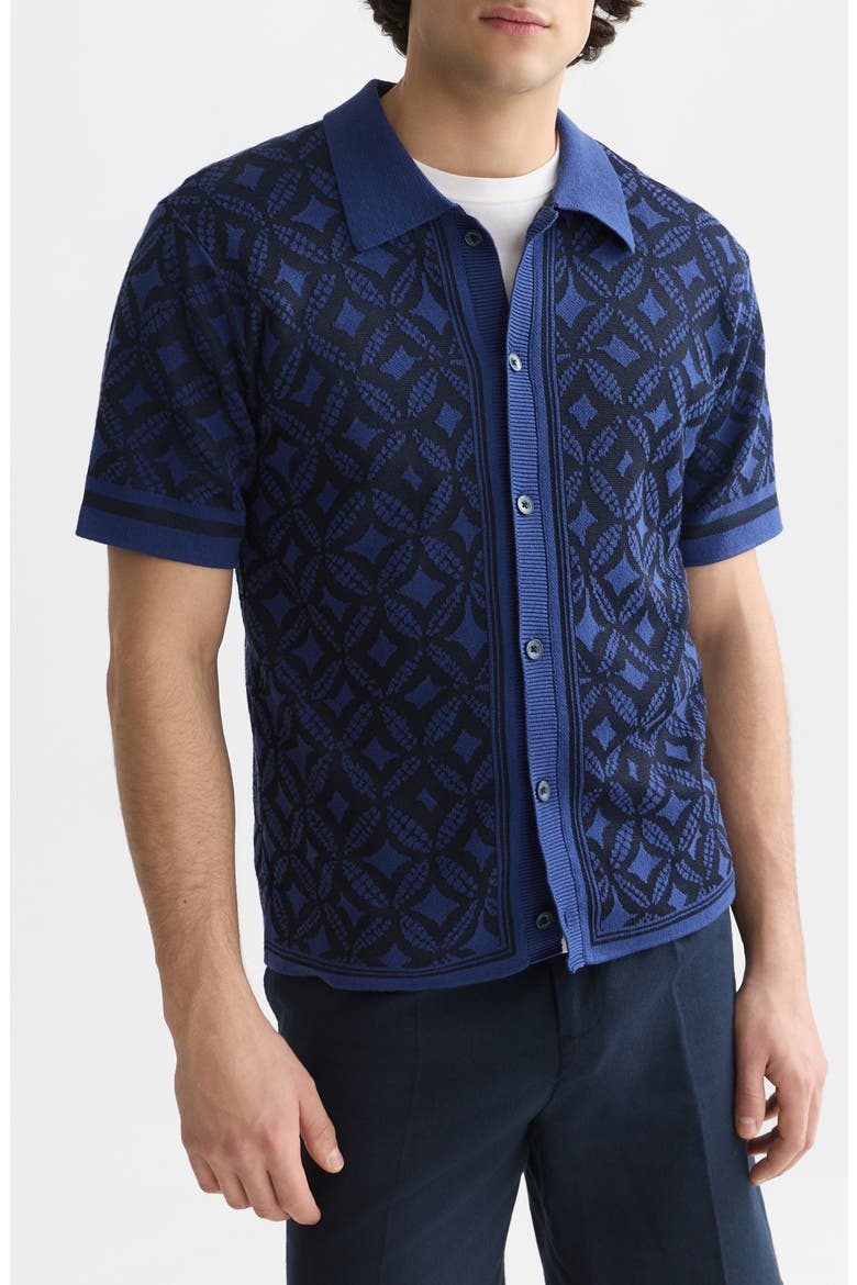 Knit Short Sleeve Button-Up Shirt, Main, color, TILES FLOWER SKY CAPTAIN