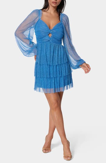 Bebe Tiered Twist Front Lurex Mini Dress In Lite Blue