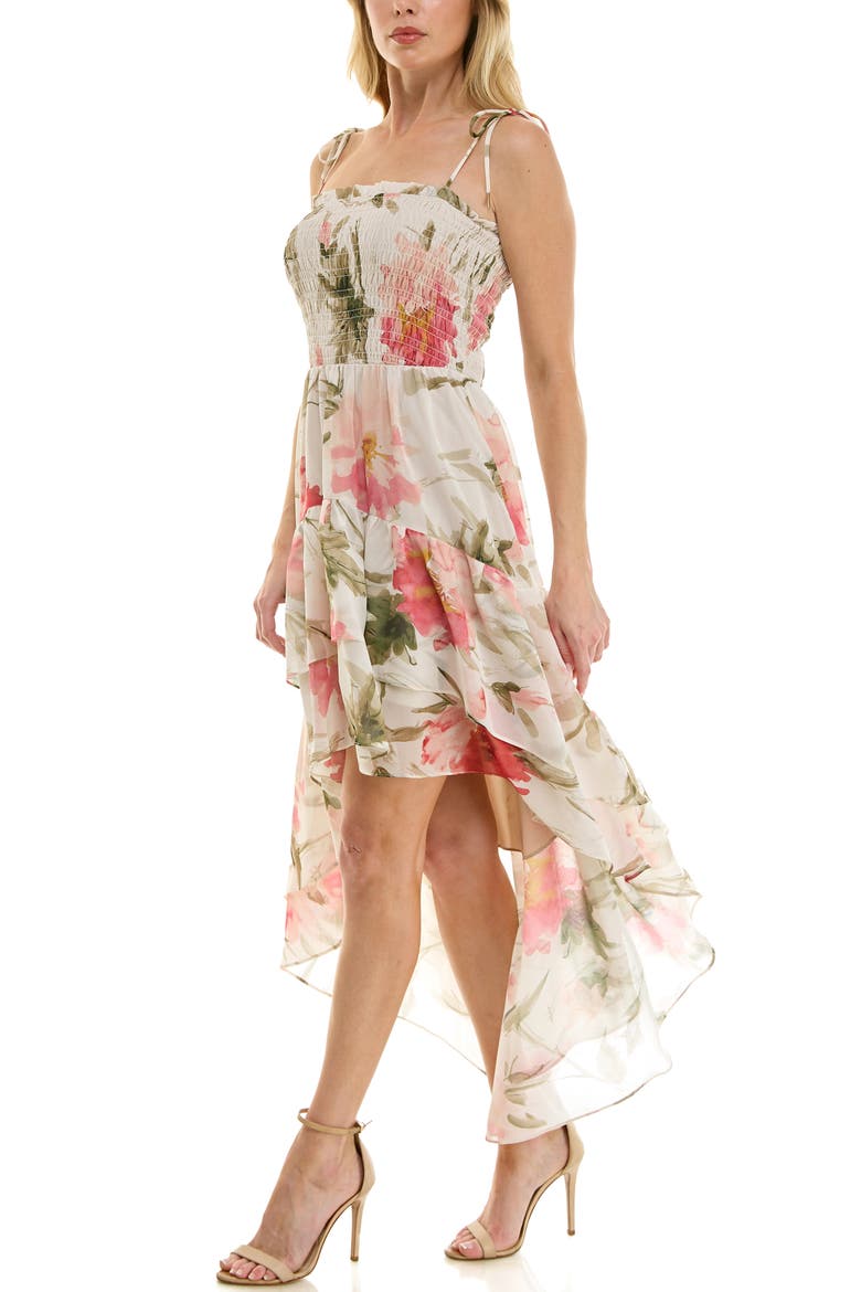 Smocked Bodice Tie Strap High-Low Midi Dress, Alternate, color, CREAM PINK