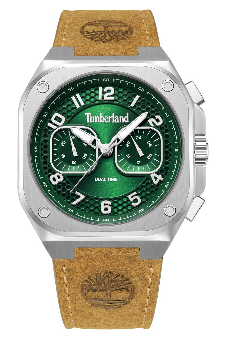 Mackinac Multifunction Chronograph Leather Strap Watch, 44mm x 25mm, Main, color, TAN