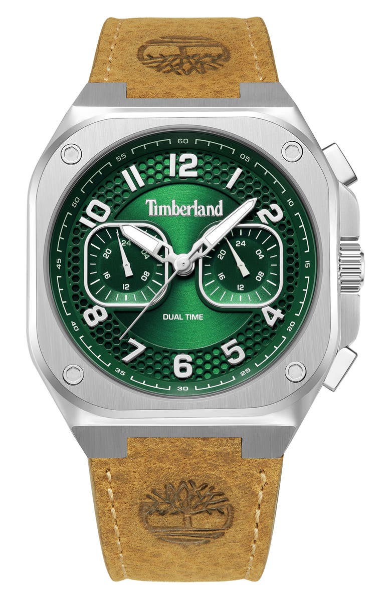 Timberland Mackinac Multifunction Chronograph Leather Strap Watch, 44mm x 25mm, Main, color, 