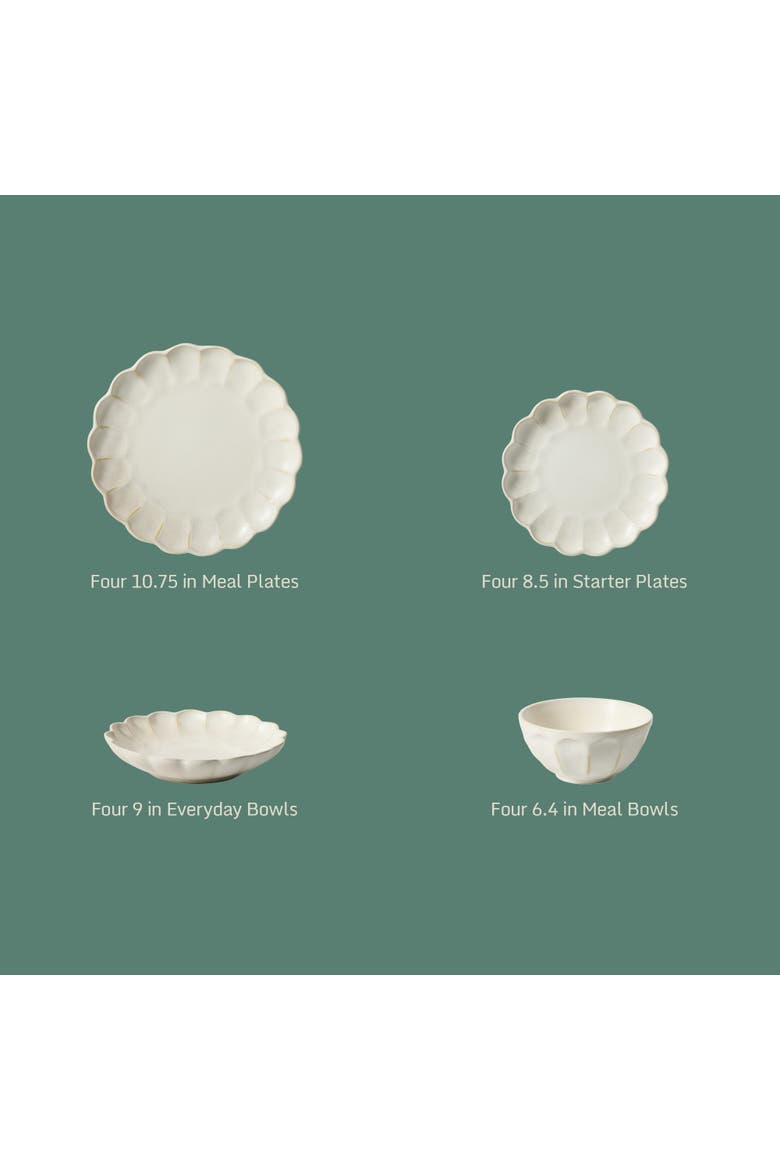 Yuelu Bloom 16 Piece Plates and Bowls Scallop Embossed Dinnerware Set, Alternate, color, Jasmine White
