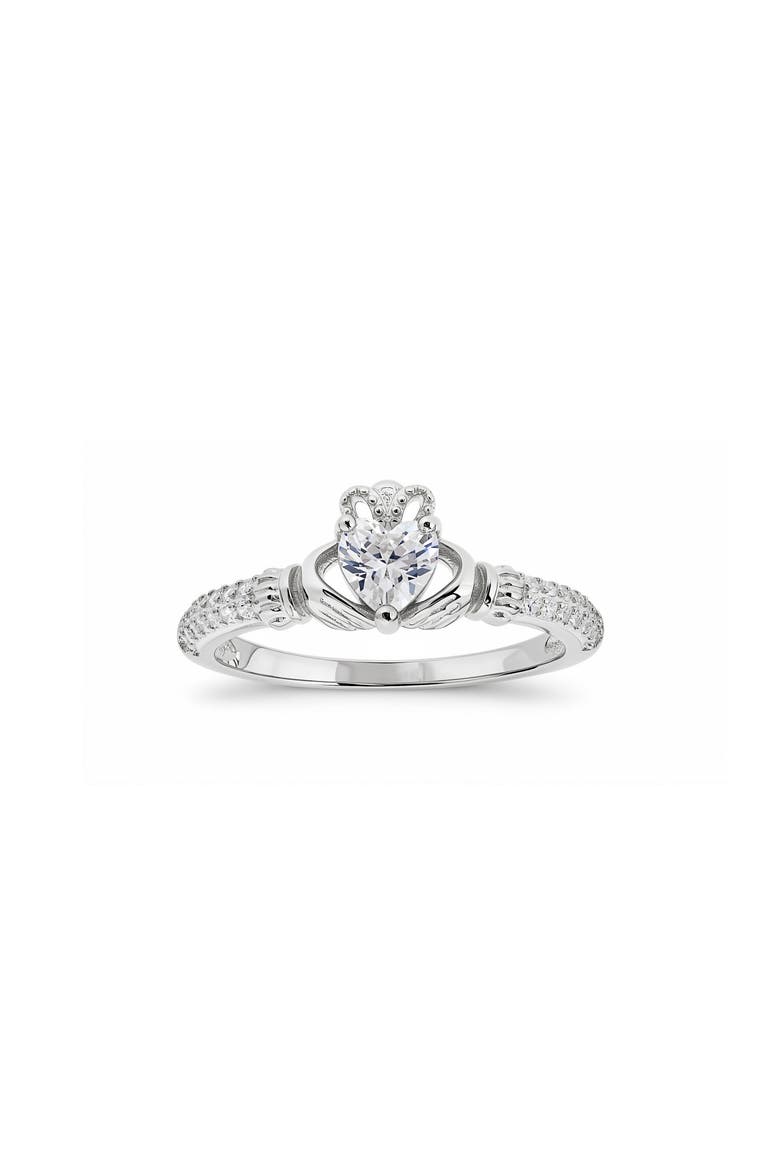 Heart Cut Cubic Zirconia Claddagh Ring, Main, color, SILVER