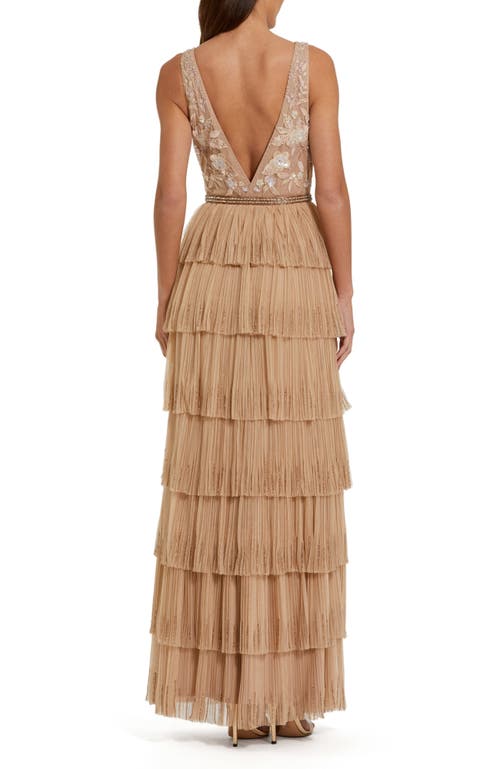 Mac Duggal Beaded Mesh V Neck Gown With Tiered Ruffles In Beige