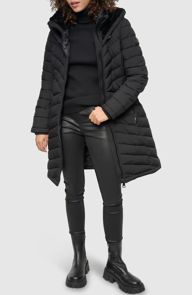 DKNY Stretch Packable Longline Quilted Jacket, Alternate, color, Black