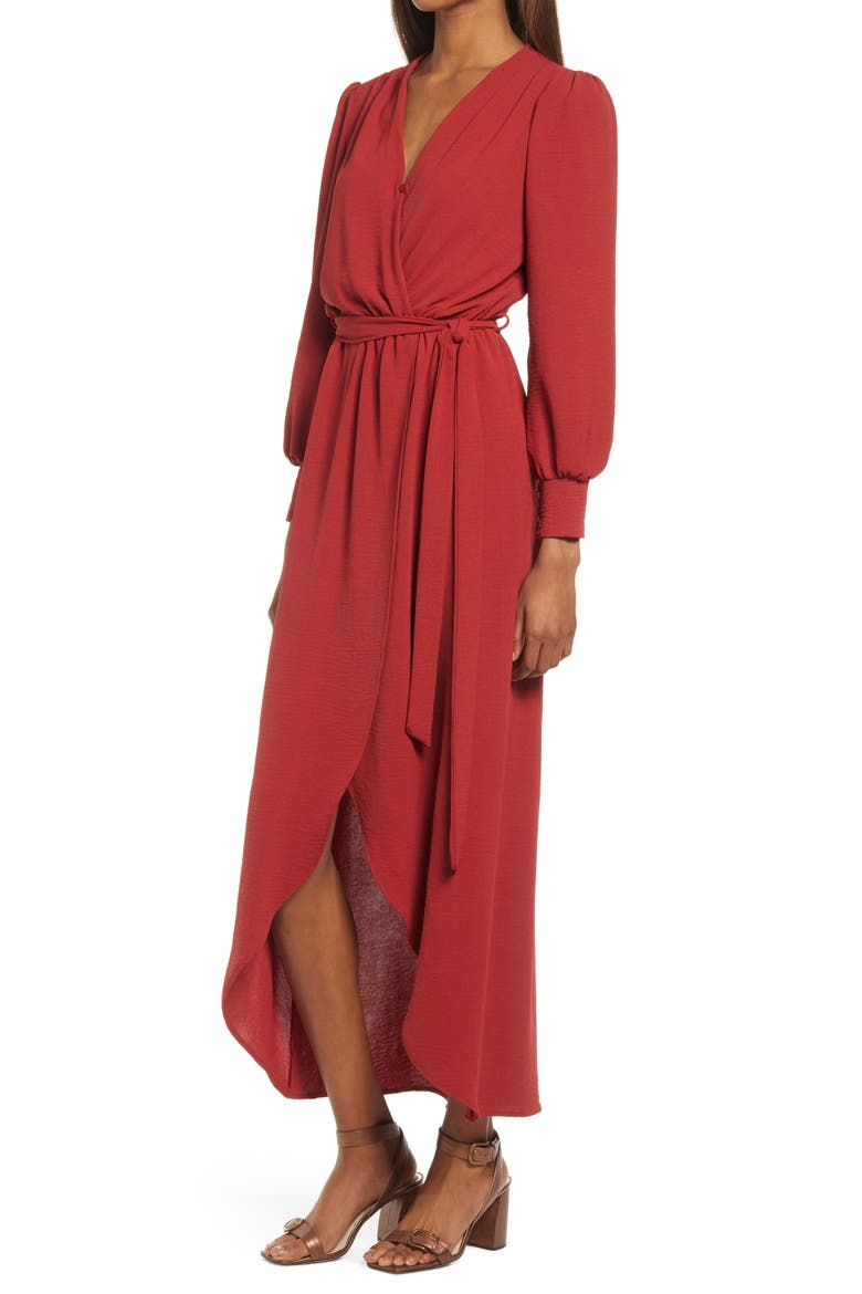 Long Sleeve Faux Wrap Dress, Alternate, color, RUST