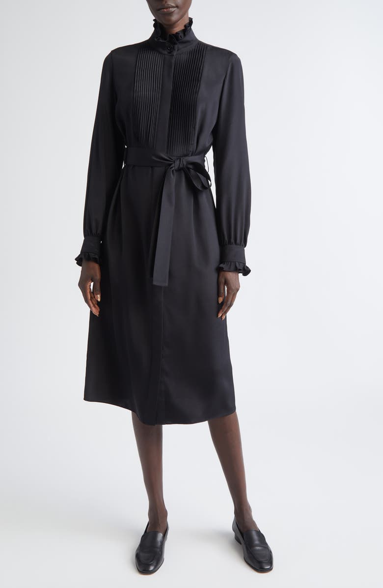 Lafayette 148 New York Pintuck Bib Long Sleeve Tuxedo Dress, Main, color, Black