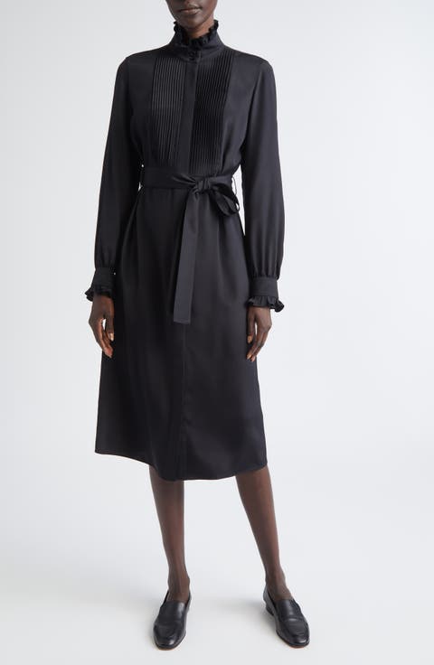 Pintuck Bib Long Sleeve Tuxedo Dress