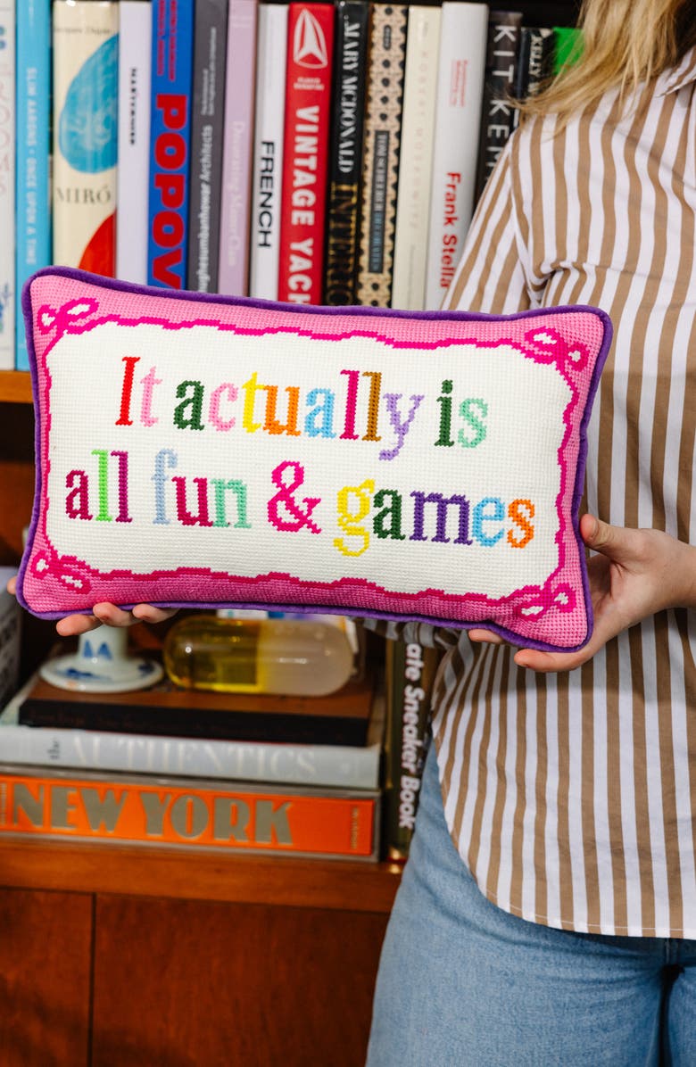 Furbish Fun And Games Needlepoint Pillow, Alternate, color, Purple, Pink, White