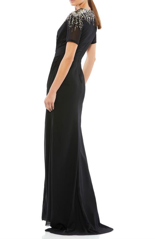 Mac Duggal Sequined Embellished Shoulder Evening Gown In Black
