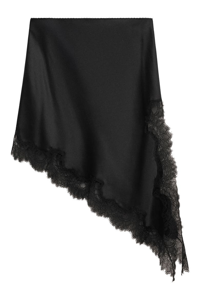 Asymmetric Satin & Lace Skirt, Main, color, BLACK