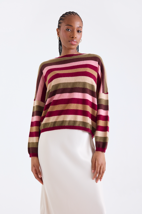 Brodie Pure Cashmere Stripe Up Crew Neck 100% Cashmere Sweater In Brown
