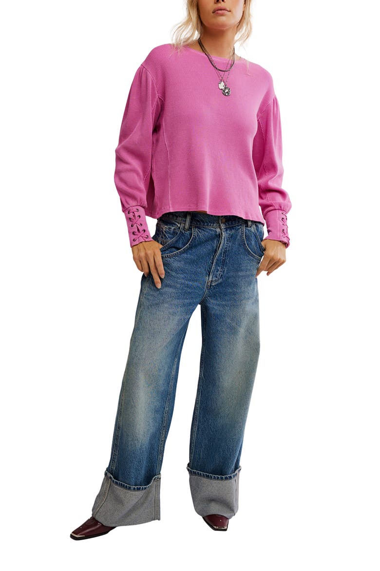 Lapis Lace-Up Cuff Cotton Thermal Top, Alternate, color, PLUMDROP