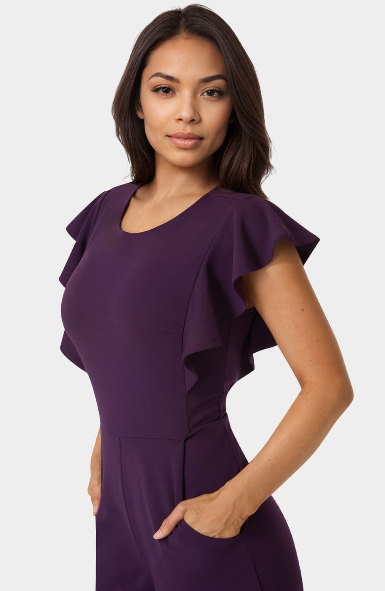 bebe Ruffle Scuba Jumpsuit, Alternate, color, Eggplant