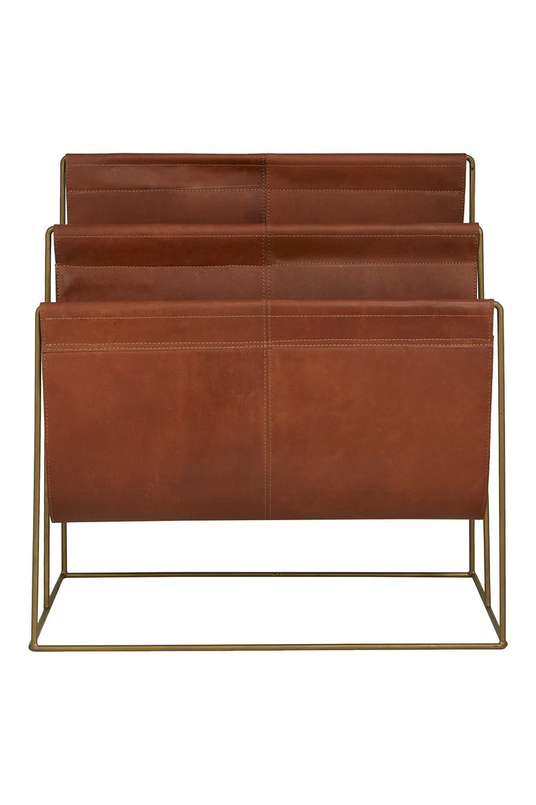 Brown Leather 3-Slot Magazine Holder with Metal Stand, Alternate, color, RED