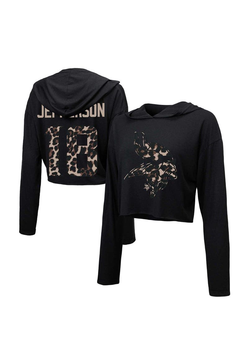 Women's Majestic Threads Justin Jefferson Black Minnesota Vikings Leopard Player Name & Number Long Sleeve Cropped Hoodie, Main, color, Black