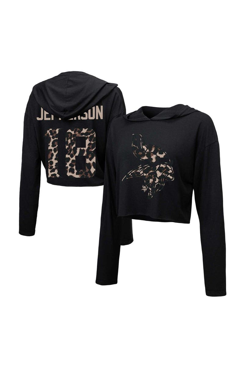 Majestic Threads Women's Majestic Threads Justin Jefferson Black Minnesota Vikings Leopard Player Name & Number Long Sleeve Cropped Hoodie, Main, color, Black