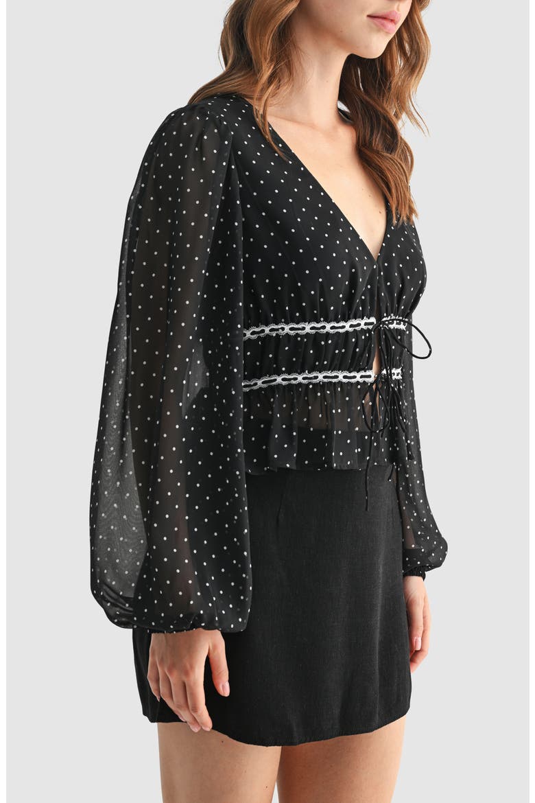 Lace Inset Tie Front Top, Alternate, color, BLACK WHITE DOT