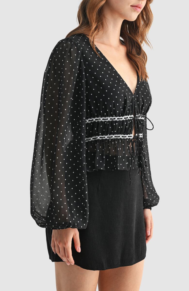 All in Favor Lace Inset Tie Front Top, Alternate, color, Black White Dot
