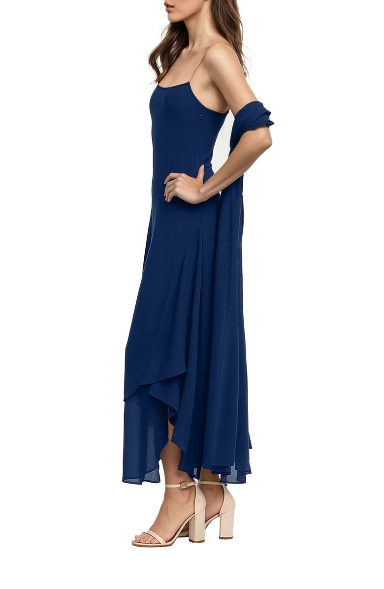 Jewel Badgley Mischka Asymmetri Chiffon Slipdress with Scarf, Alternate, color, Navy
