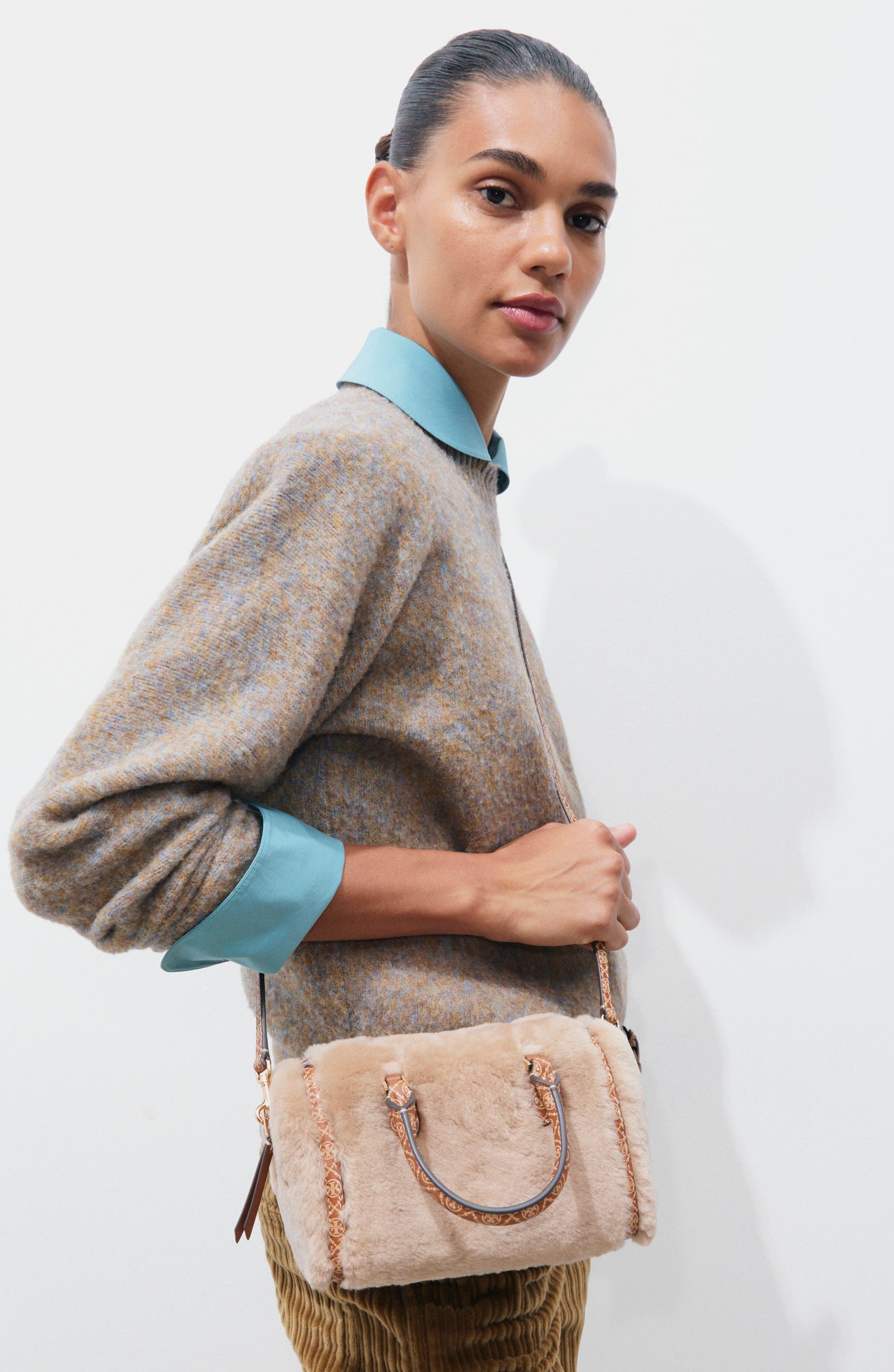 T Monogram Genuine Shearling Petite Barrel Bag, Alternate, color, TEDDY