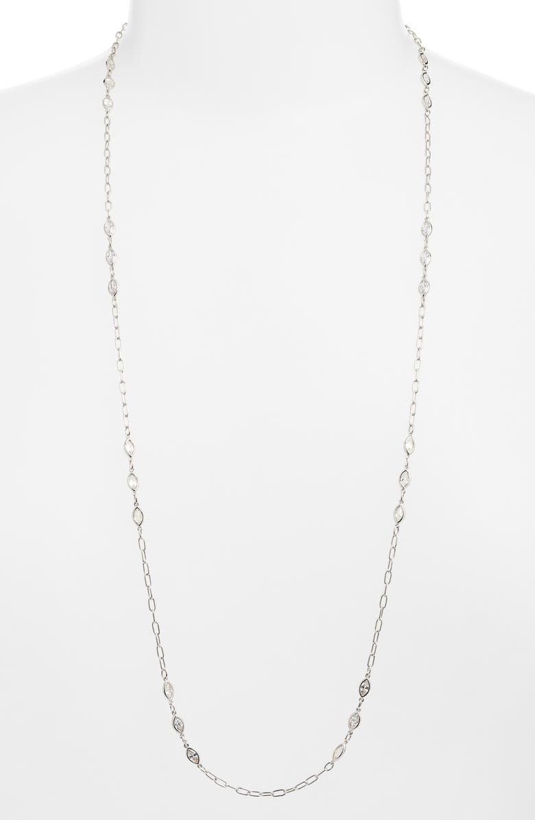 Nordstrom Bezel Cubic Zirconia Station Long Necklace, Alternate, color, Clear- Silver