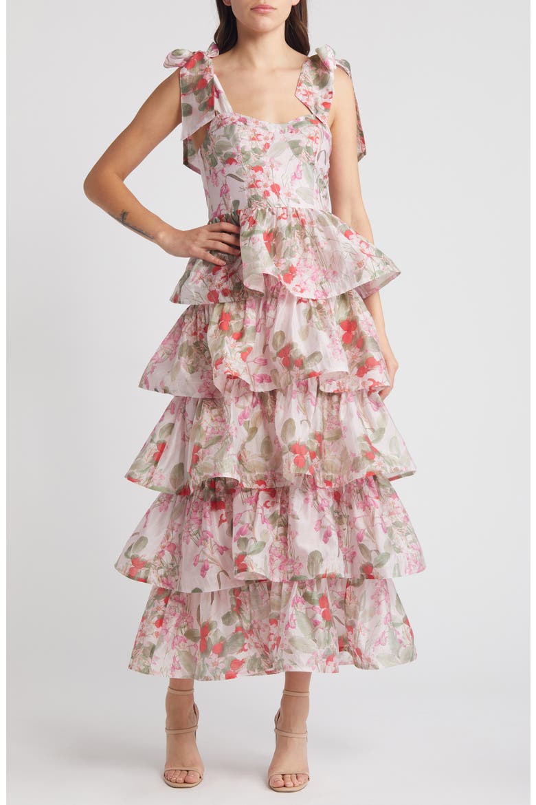 Floral Tie Strap Tiered Midi Dress, Main, color, PINK MEDIUM