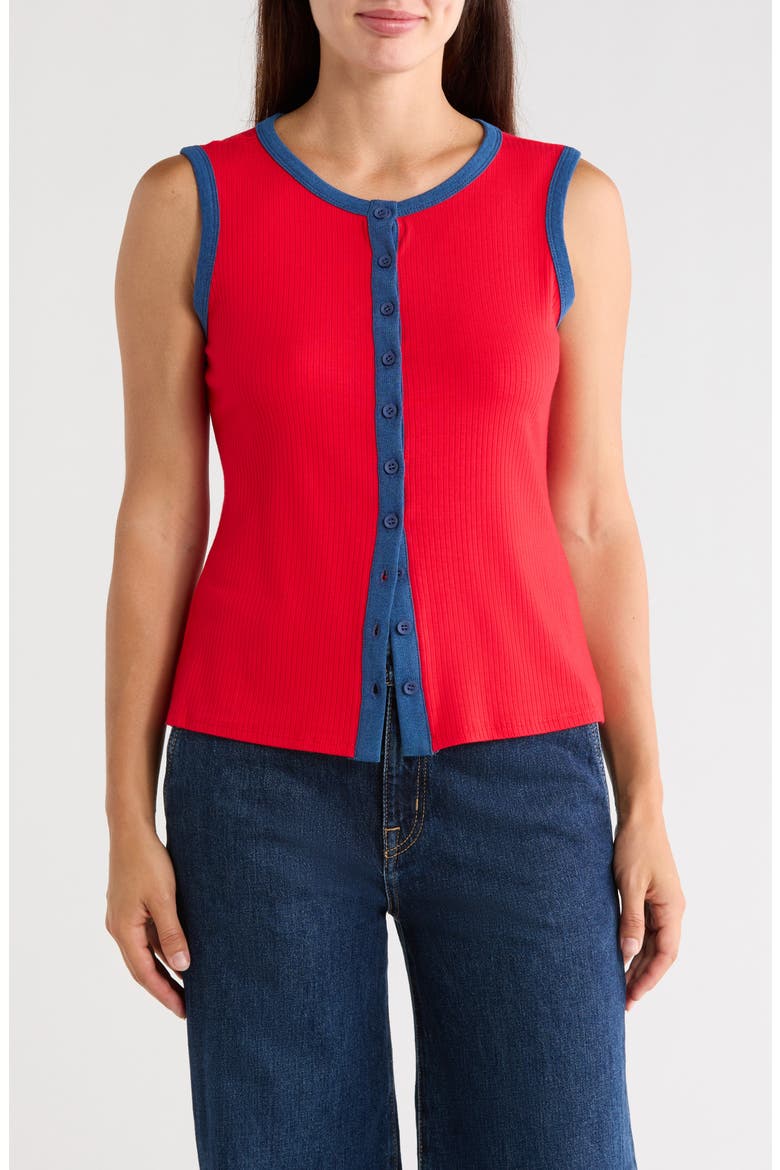 Contrast Trim Ribbed Button Front Vest, Main, color, SO RED / MEDIUM WASH