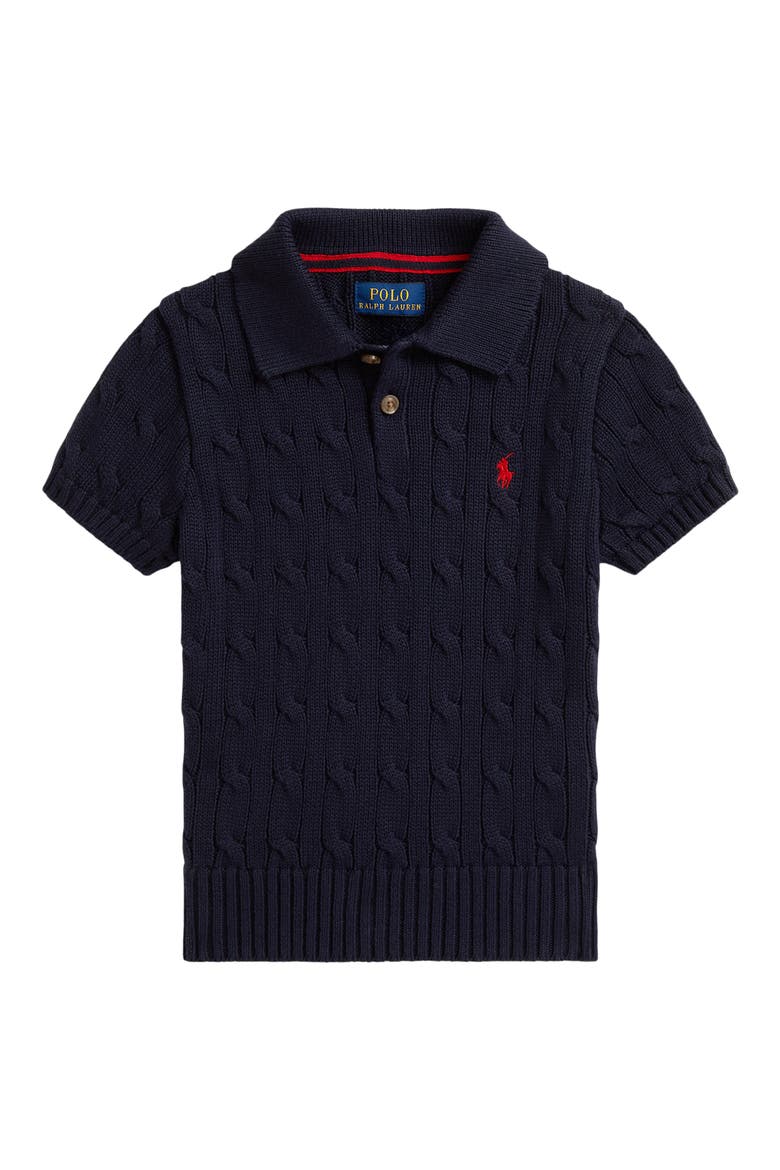 Kids' Cabled Cotton Polo Sweater, Main, color, RL NAVY