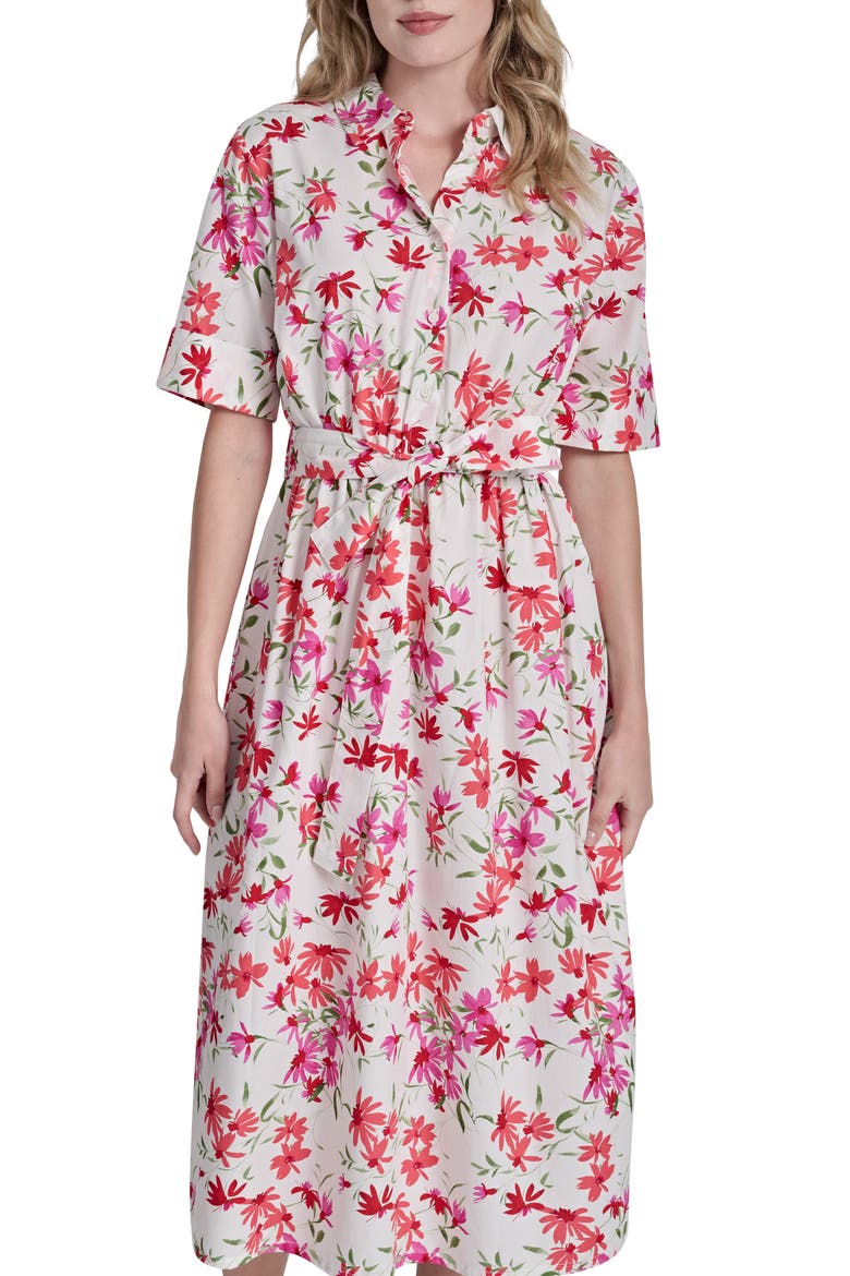 Floral Elbow Sleeve Cotton Shirtdress, Alternate, color, IVY/ CORAL