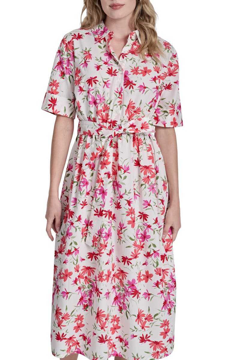 DKNY Floral Elbow Sleeve Cotton Shirtdress, Alternate, color, Ivy/ Coral