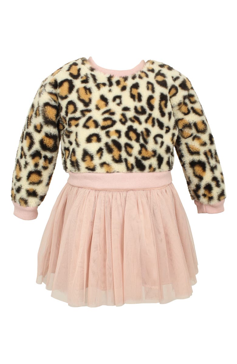Popatu Faux Fur Leopard & Tulle Top & Skirt Set, Main, color,